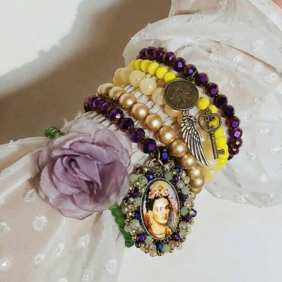 6-PC SET Boho NEW Gorgeous Frida Artist Mexico Artisan Beaded Charm Bracelets - Picture 4 of 5
